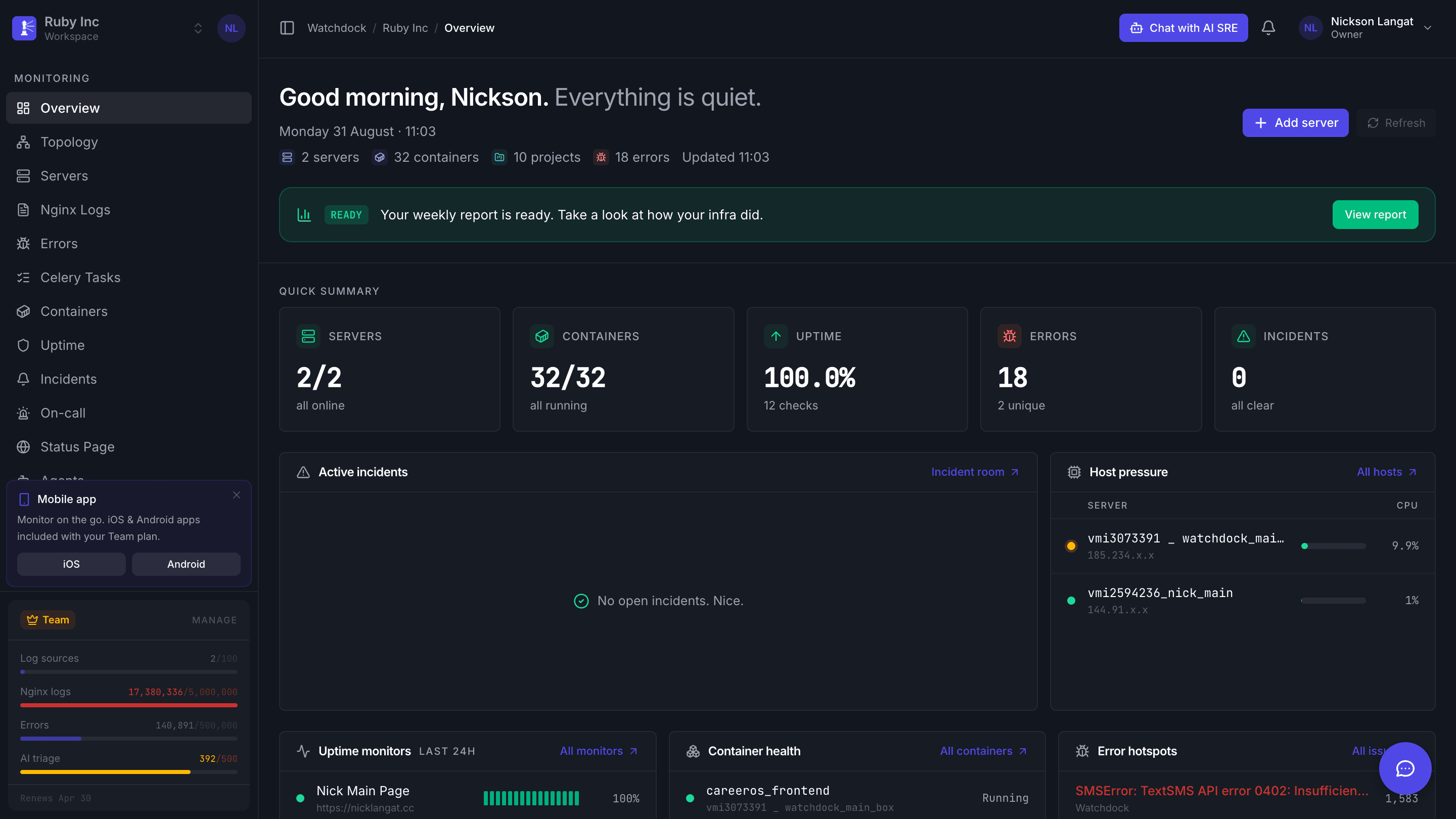 Watchdock dashboard overview