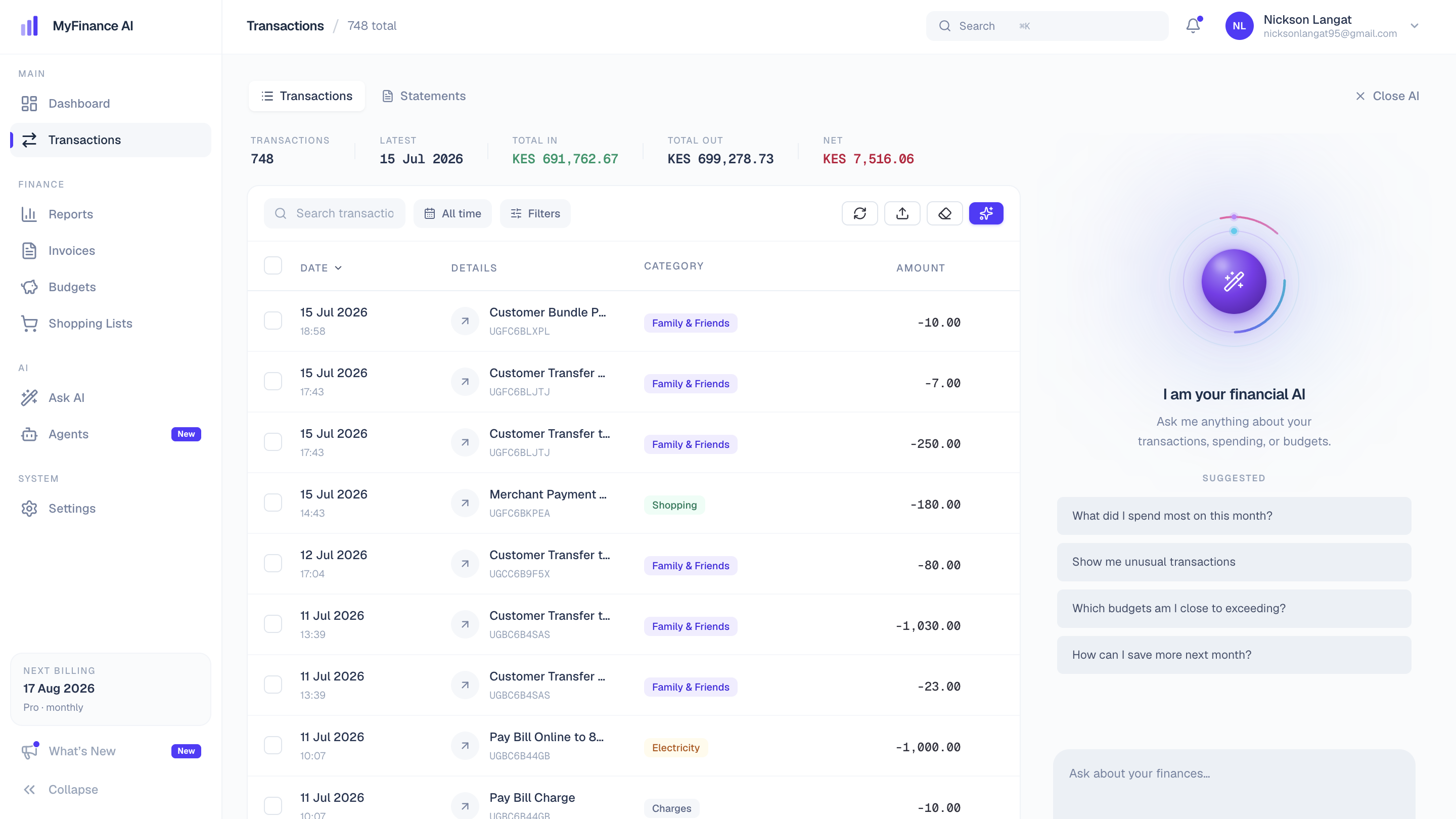 Ask AI panel answering questions grounded in real transaction data