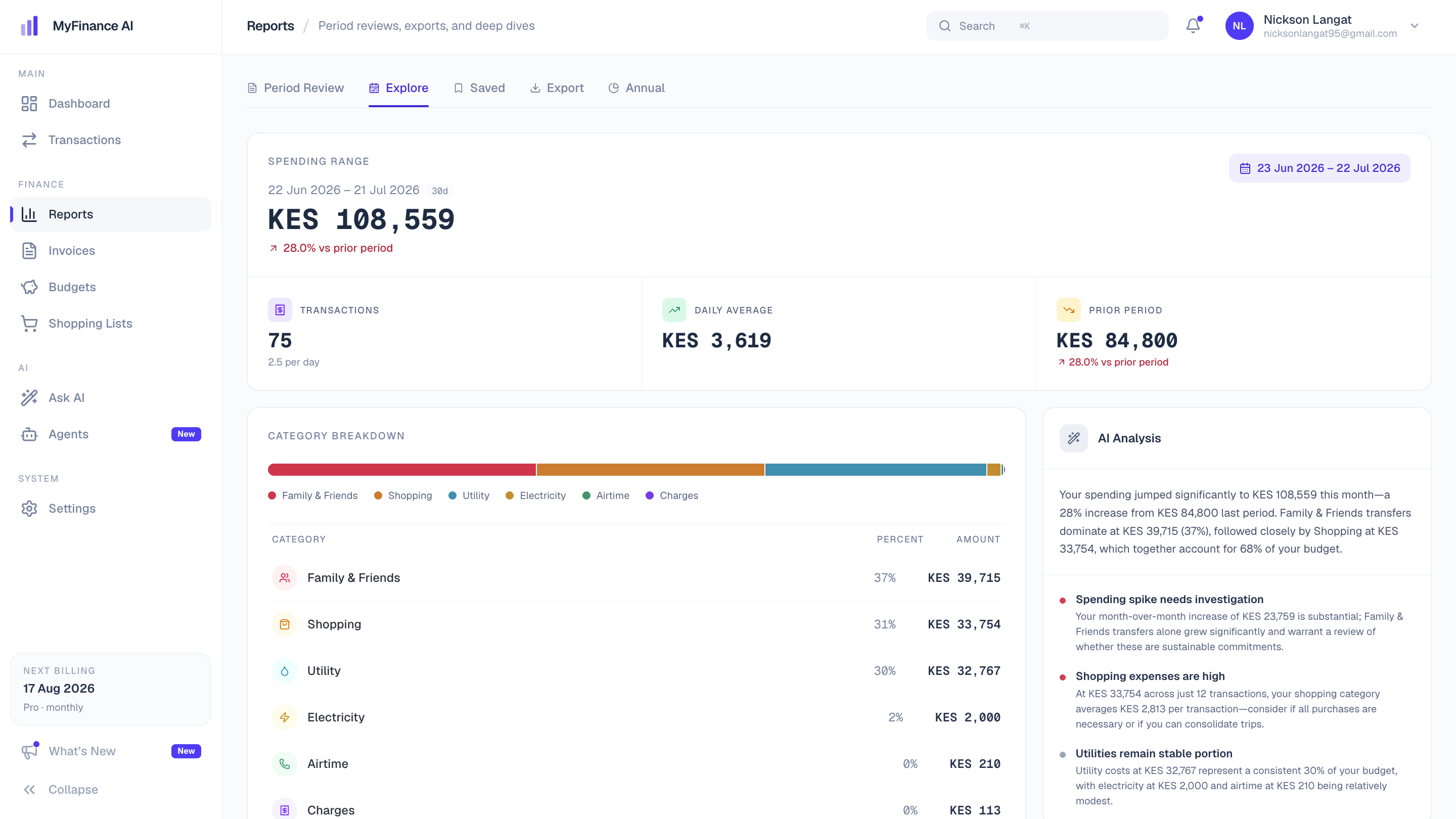 Custom date range report comparing spending against the prior period, with AI-written analysis