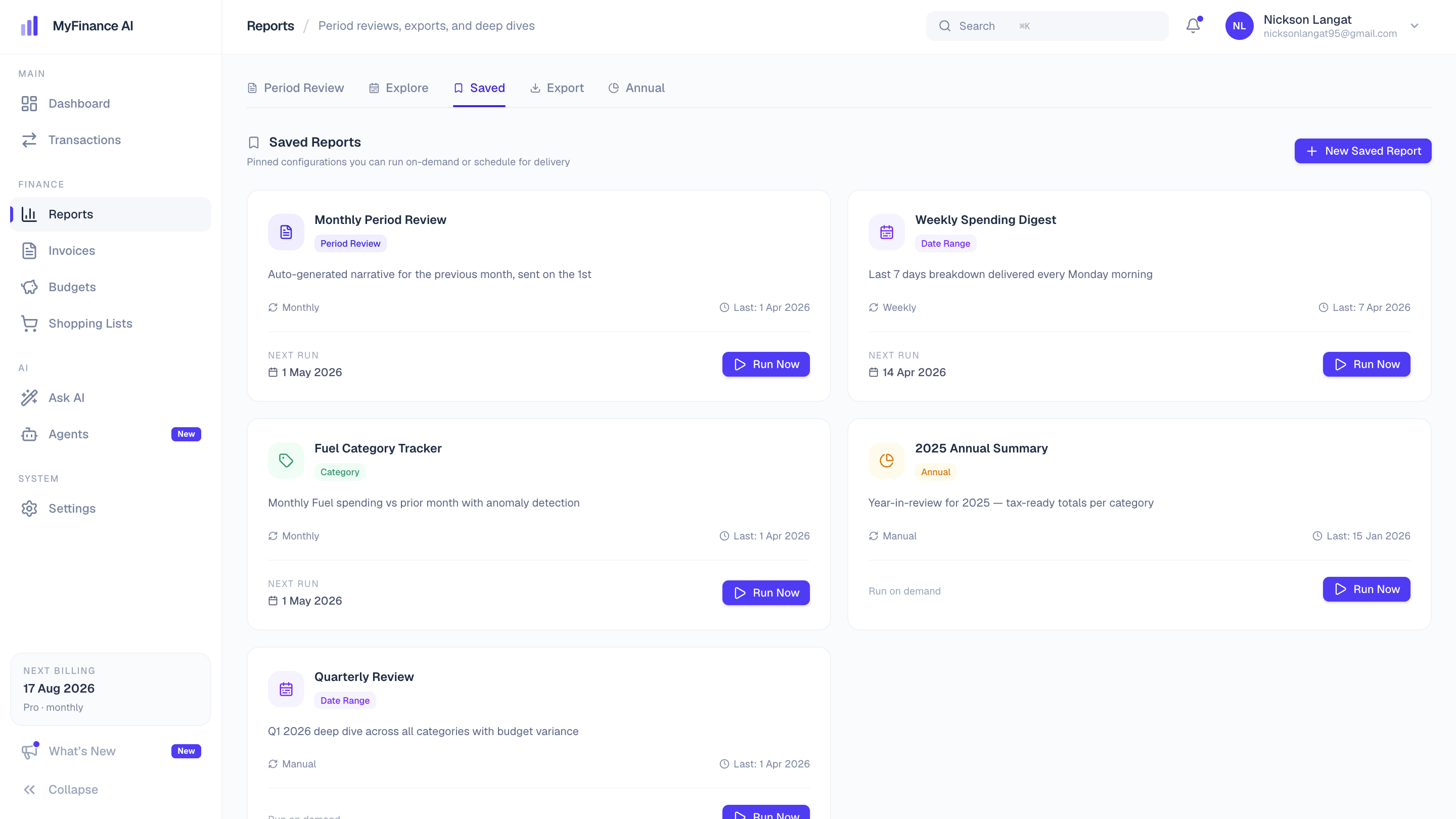 Saved report configurations that run on a schedule or on demand