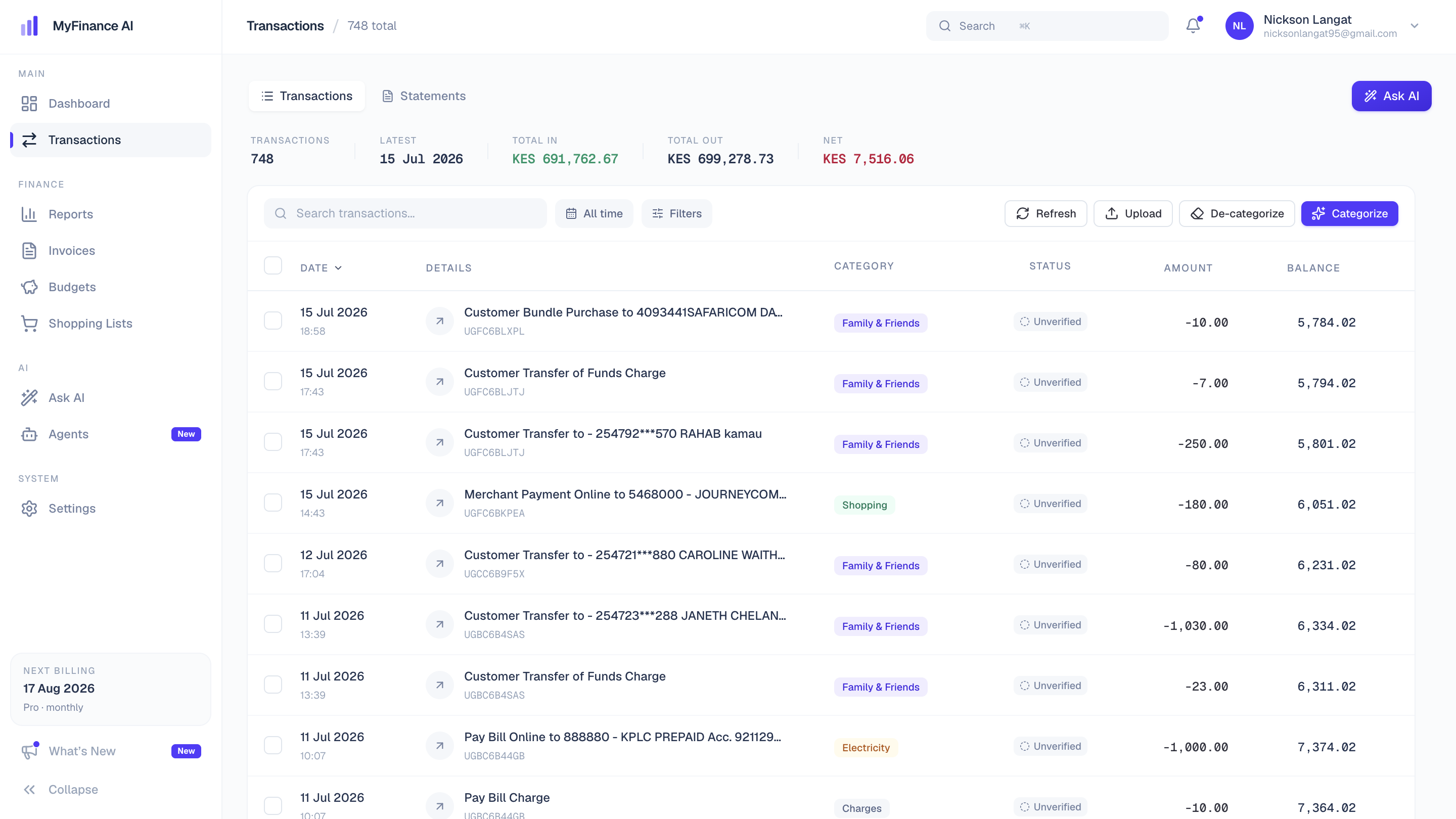 Transaction feed with 748 real M-Pesa transactions