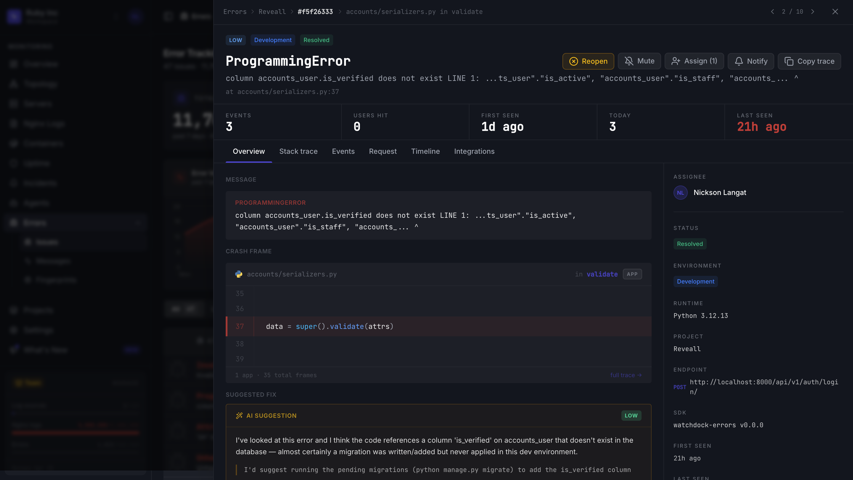 Watchdock AI suggestion diagnosing the root cause of a production error